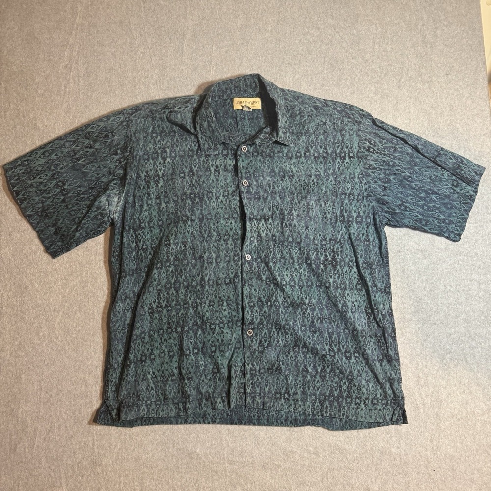 Mens Vintage Johari West Shirt 2XL Blue Green Button Down Collared Vacation